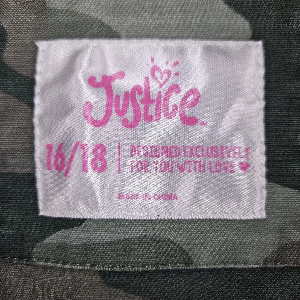Justice Jacket Girls Size 16 / 18 Plus Camo Green Butterfly Star Patches Pockets